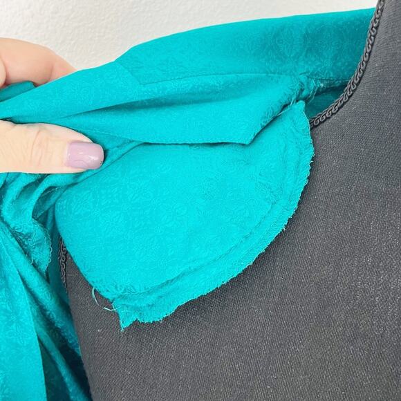 Vintage 80s Teal Silk Dress Wide Wrap Waist Shoulder Pads - Picture 9 of 11
